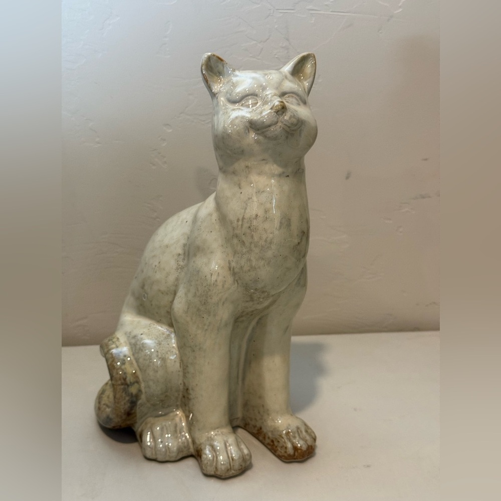 Vintage Pottery Large Smiling‎ Tall Cat Sculpture Figurine Glazed Folk Art Heavy